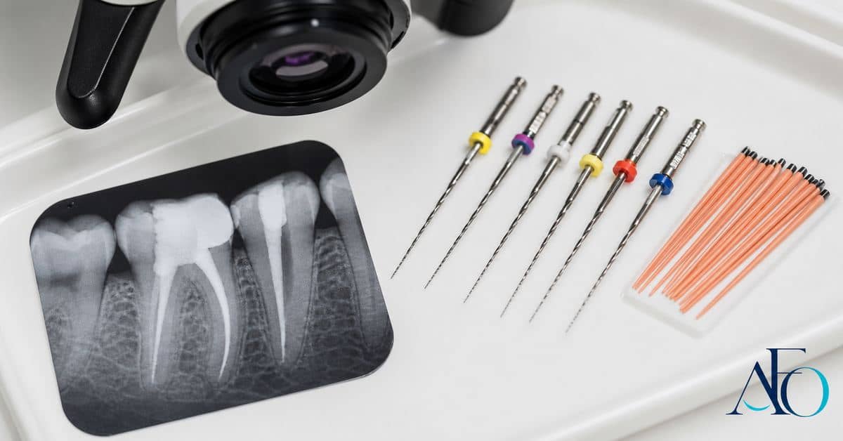 Raio-x de dente com canal antigo e sinais de retratamento endodôntico em Taboão da Serra