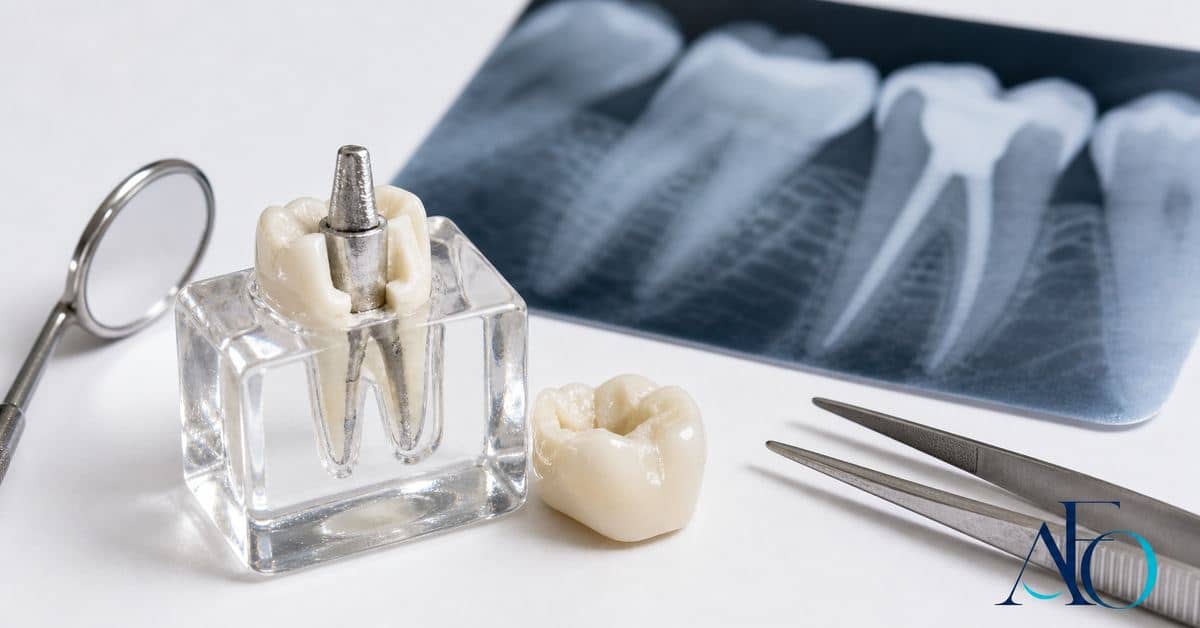 Dente com pino e coroa sendo avaliado em radiografia, mostrando maior complexidade do tratamento de canal em Taboão da Serra