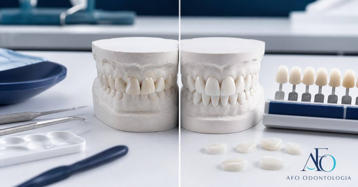 Faceta de porcelana e material resinoso em bancada clínica, comparando estética dentária em Taboão da Serra