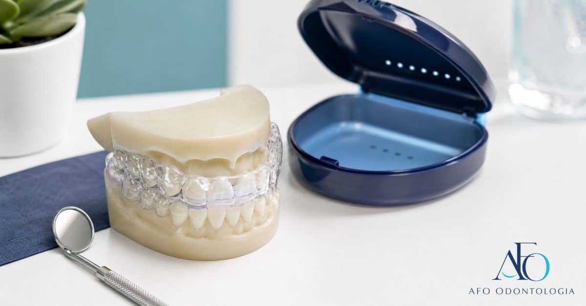 Placa de bruxismo sob medida sobre molde dental, ilustrando proteção noturna em Taboão da Serra