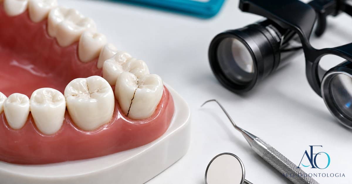 Modelo dental com dente trincado e instrumentos de avaliacao em Tabao da Serra