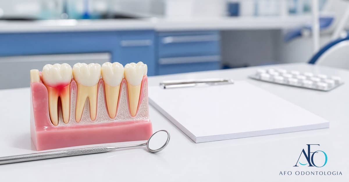 Modelo dental com inflamacao e cartela de medicamento desfocada sobre bancada clinica em Tabao da Serra