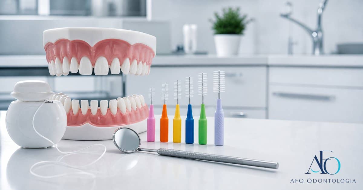 Escovas interdentais coloridas ao lado de modelo dental para higiene bucal em Tabao da Serra