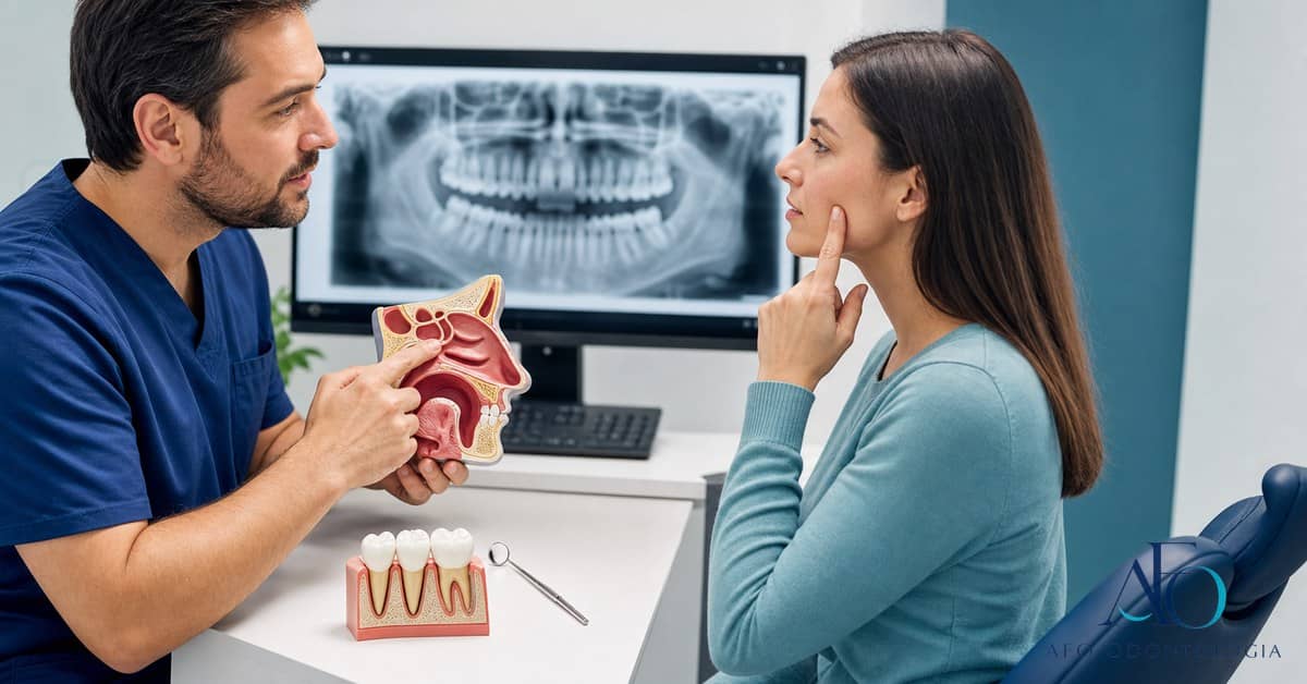 Paciente com dor nos dentes superiores investigando sinusite ou dor de dente em Taboão da Serra