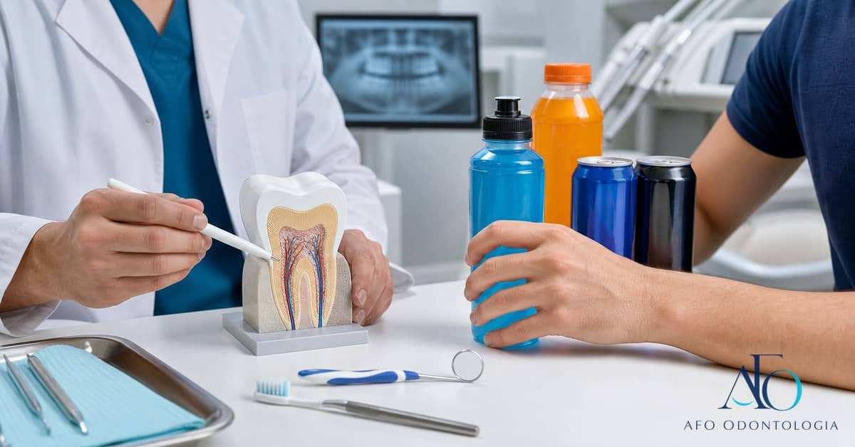 Bebidas energéticas e esportivas próximas a modelo dental mostrando risco ao esmalte em Taboão da Serra