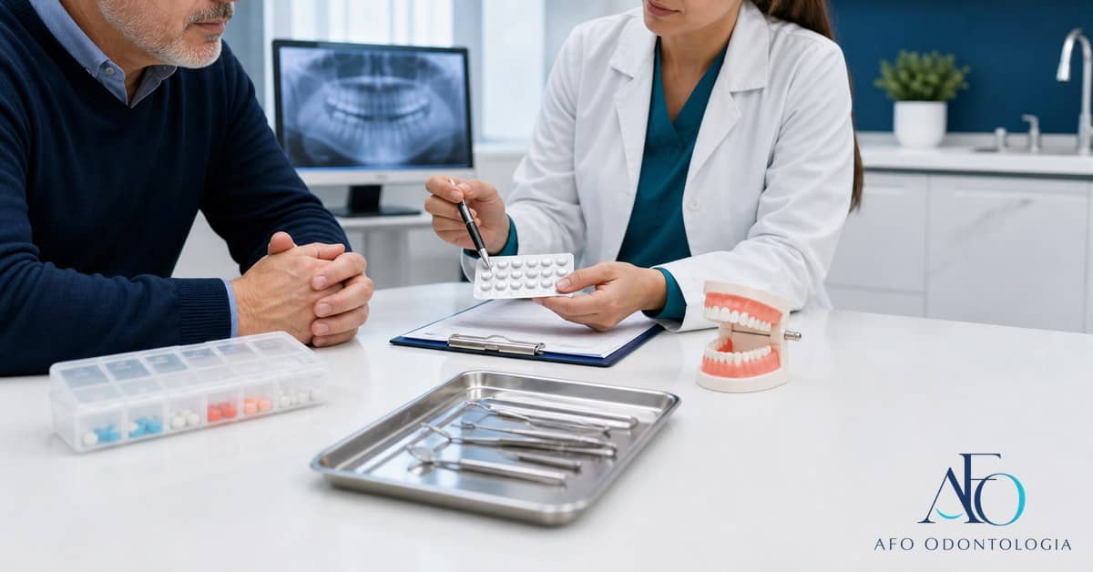 Paciente que usa anticoagulante conversando com dentista antes de tratamento em Taboão da Serra