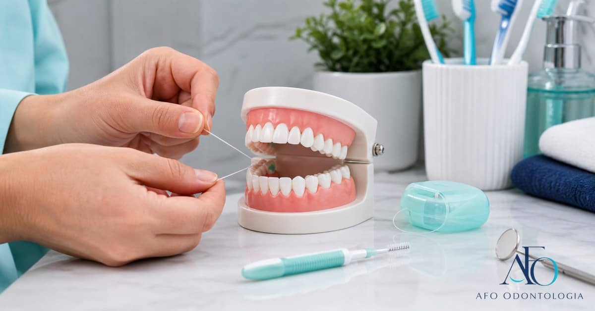 Fio dental removendo alimento preso entre os dentes em Taboão da Serra