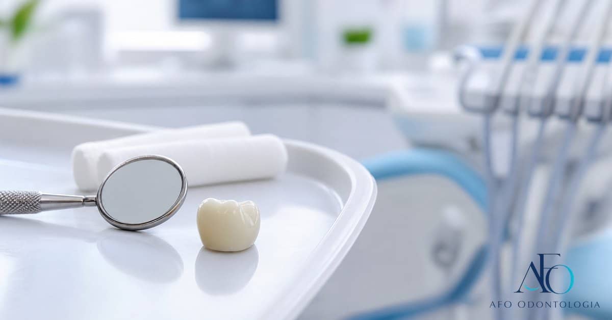Paciente em consultório odontológico segurando dente provisório com logo novo da AFO