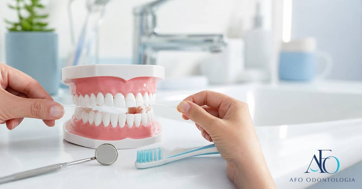 Fio dental entre dentes com escova e logo novo da AFO em ambiente azul claro