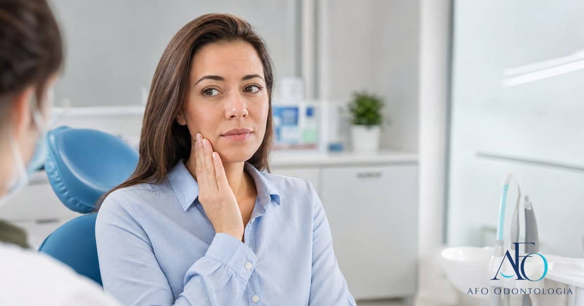 Paciente sorrindo em consultório azul segurando modelo de mandíbula com logo novo da AFO