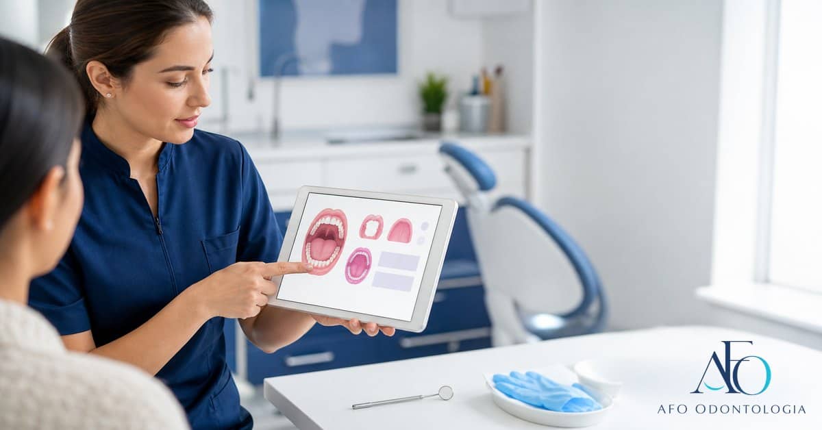 Dentista em consultório com paciente e materiais educativos em tons azuis com logo AFO