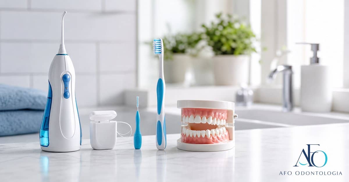 Irrigador oral, fio dental e escova em bancada azul com logo novo da AFO