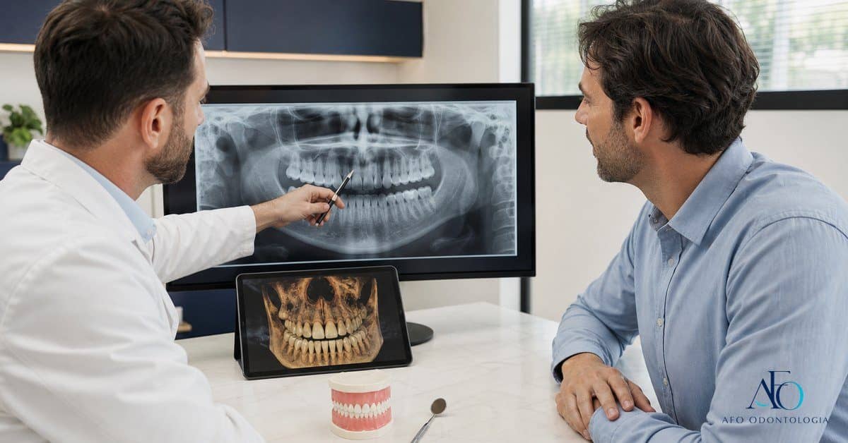 Dentista avaliando panoramica e tomografia odontologica em Taboao da Serra