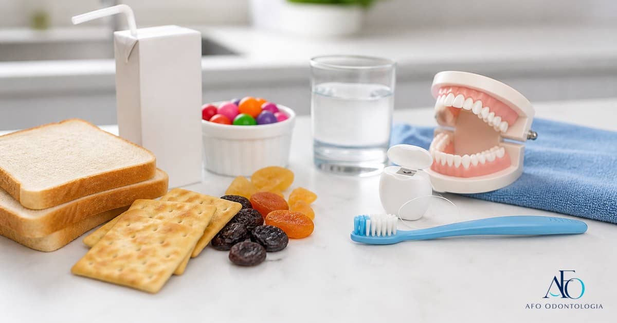Alimentos que favorecem carie ao lado de escova e modelo dental em Taboao da Serra
