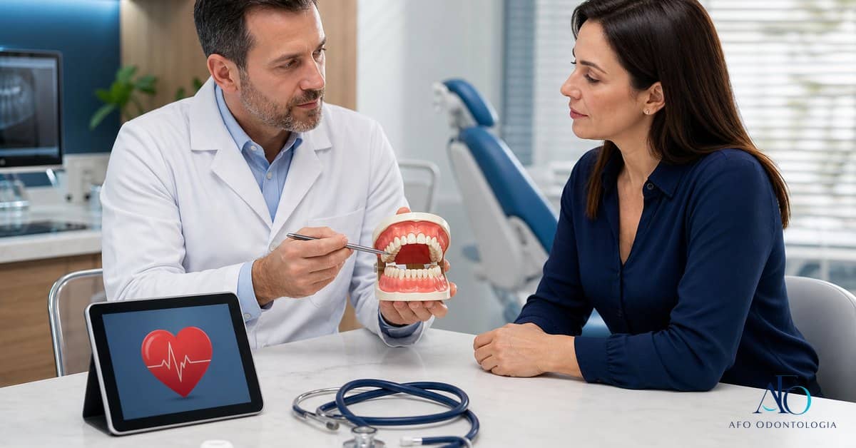Dentista explicando relacao entre gengiva inflamada e saude do coracao