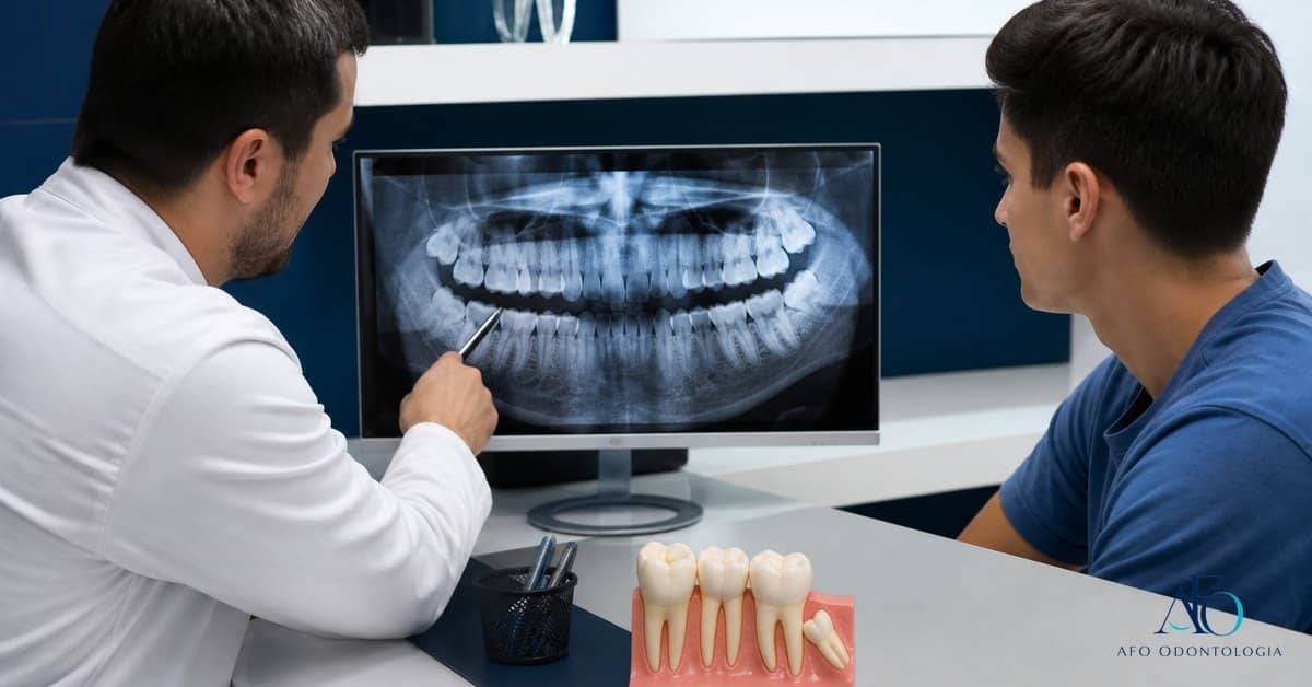 Dentista avaliando radiografia para decidir extracao de siso em Taboao da Serra