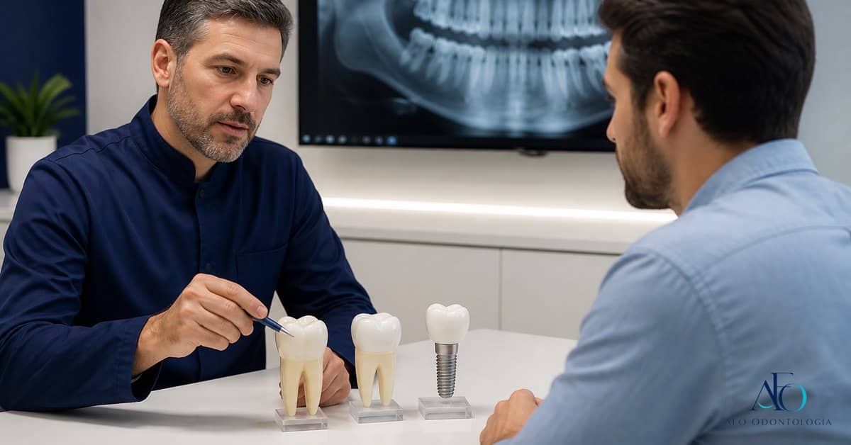 Dentista comparando salvar dente com coroa ou extrair e colocar implante