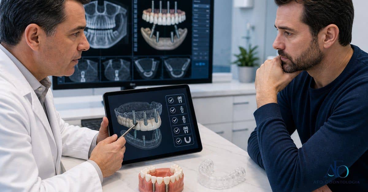 Dentista explicando planejamento de implante dentario e riscos de preco baixo