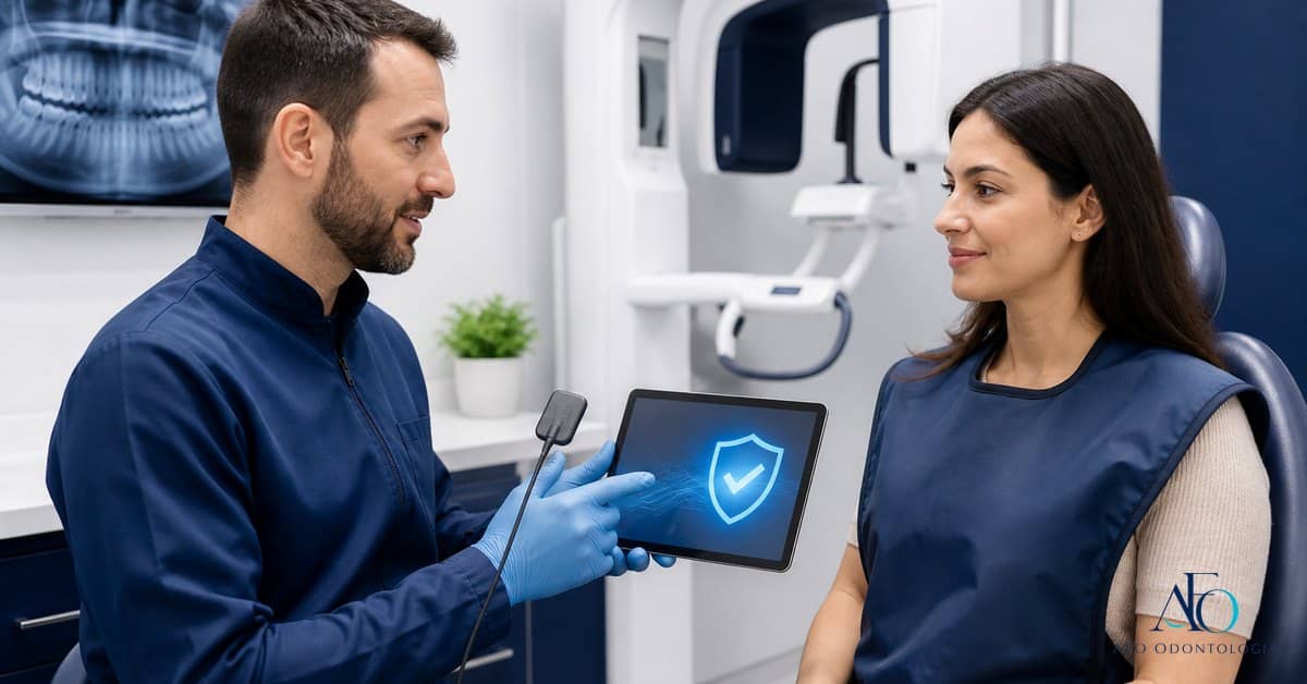 Paciente com avental de protecao recebendo orientacao sobre raio-x odontologico
