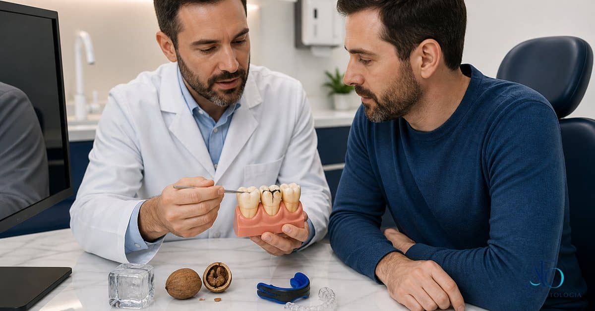 Dentista explicando causas comuns de dente quebrado em Taboao da Serra