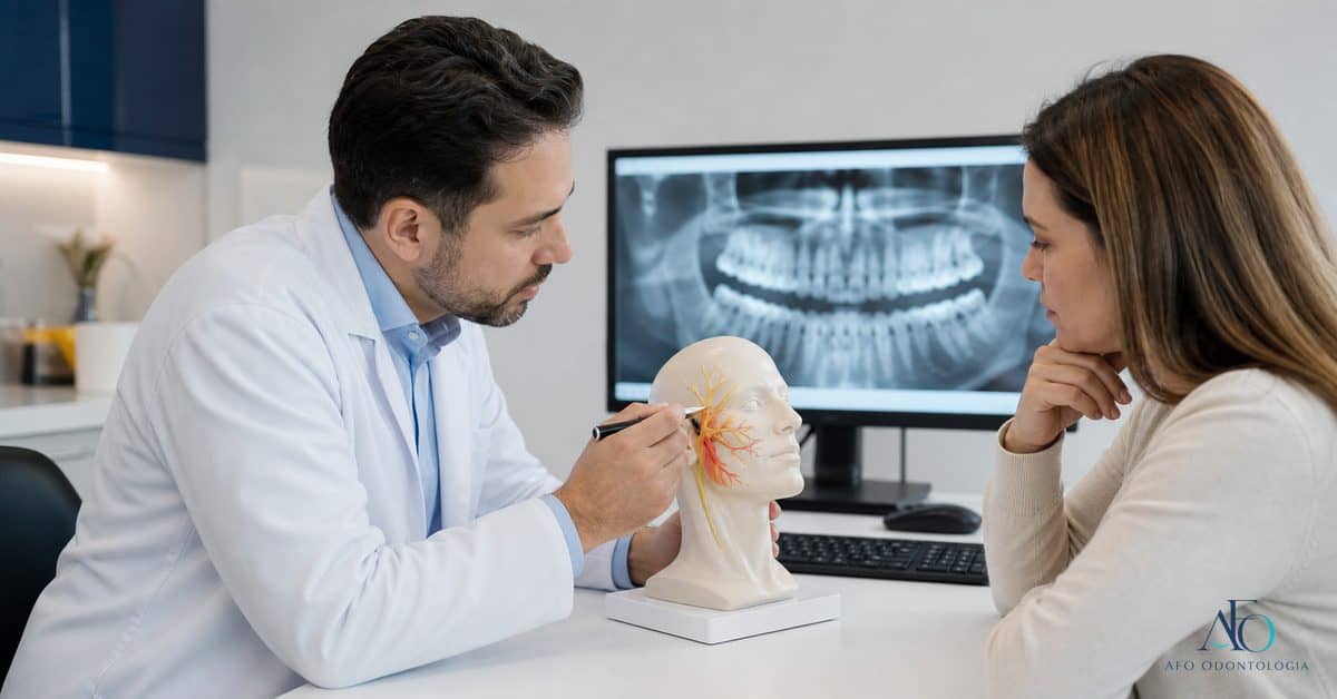 Dentista explicando diferenca entre dor facial e dor de dente