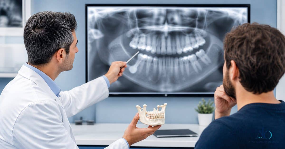 Dentista avaliando radiografia panoramica de dente incluso