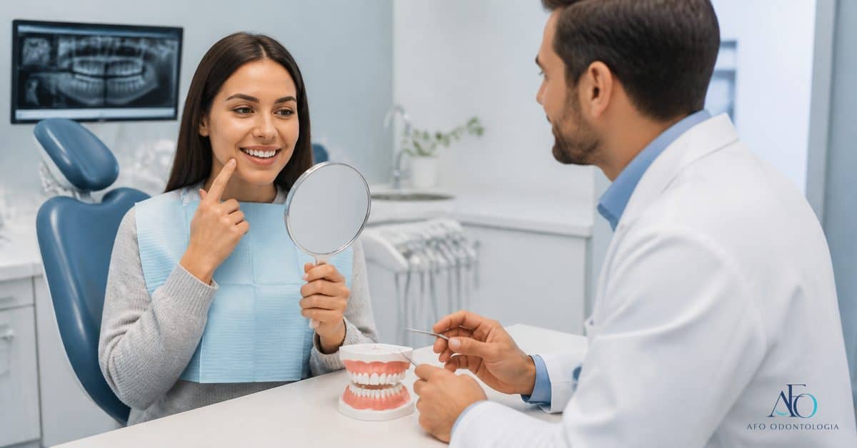 Dentista avaliando alteracoes de cor e volume na gengiva