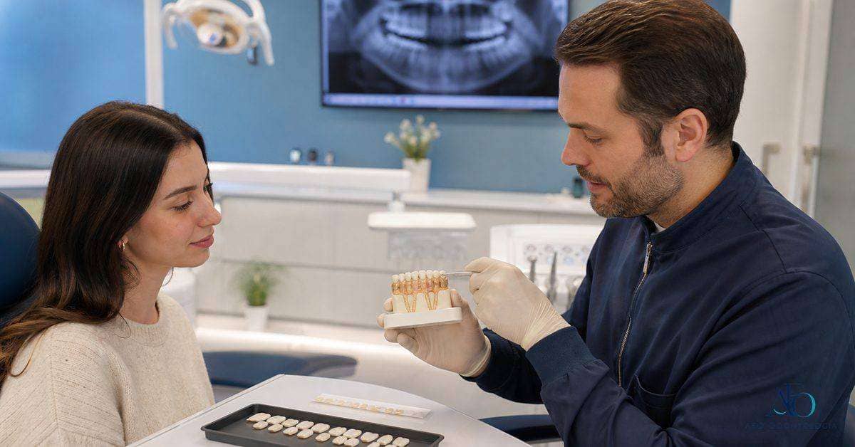 Dentista explicando lente de contato dental e preservacao do esmalte