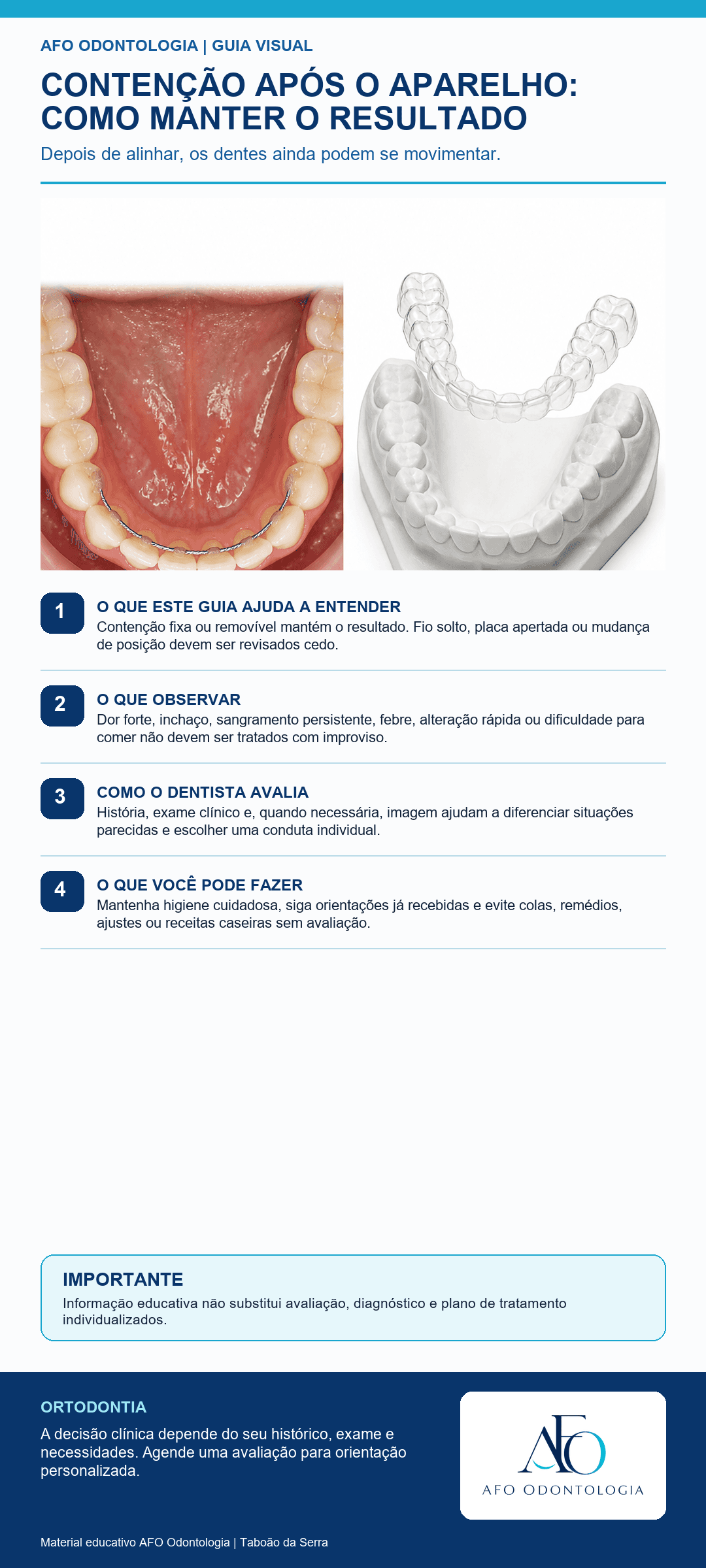 Infográfico AFO: Contenção após o aparelho: como manter o resultado em Taboão da Serra