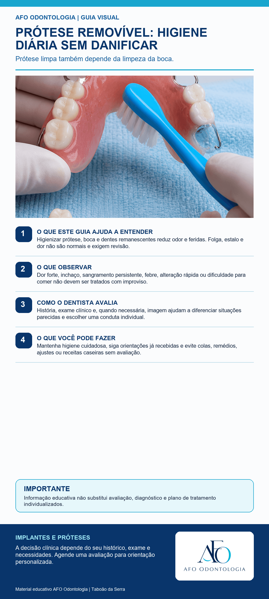 Infográfico AFO: Prótese removível: higiene diária sem danificar em Taboão da Serra