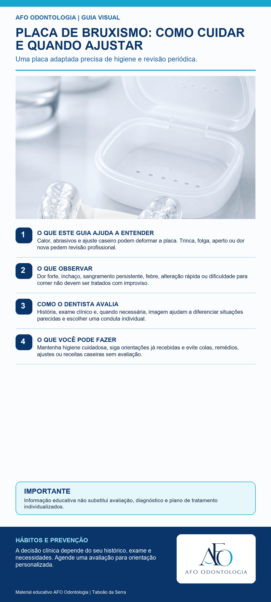 Infográfico AFO: Placa de bruxismo: como cuidar e quando ajustar em Taboão da Serra