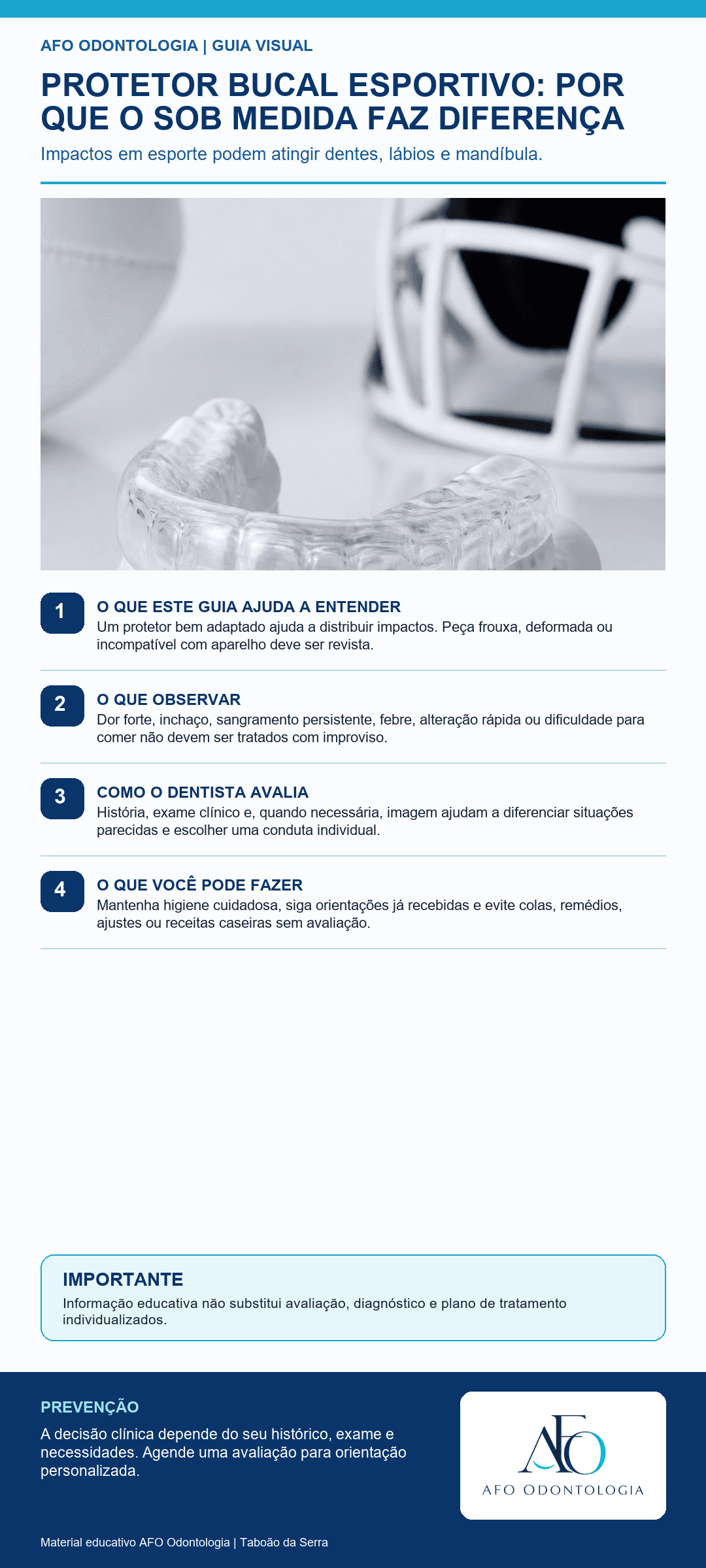 Infográfico AFO: Protetor bucal esportivo: por que o sob medida faz diferença em Taboão da Serra