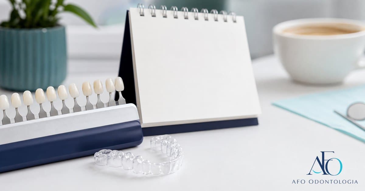 Calendario ao lado de dentes claros e moldeira de clareamento, ilustrando a duracao do resultado em Taboao da Serra