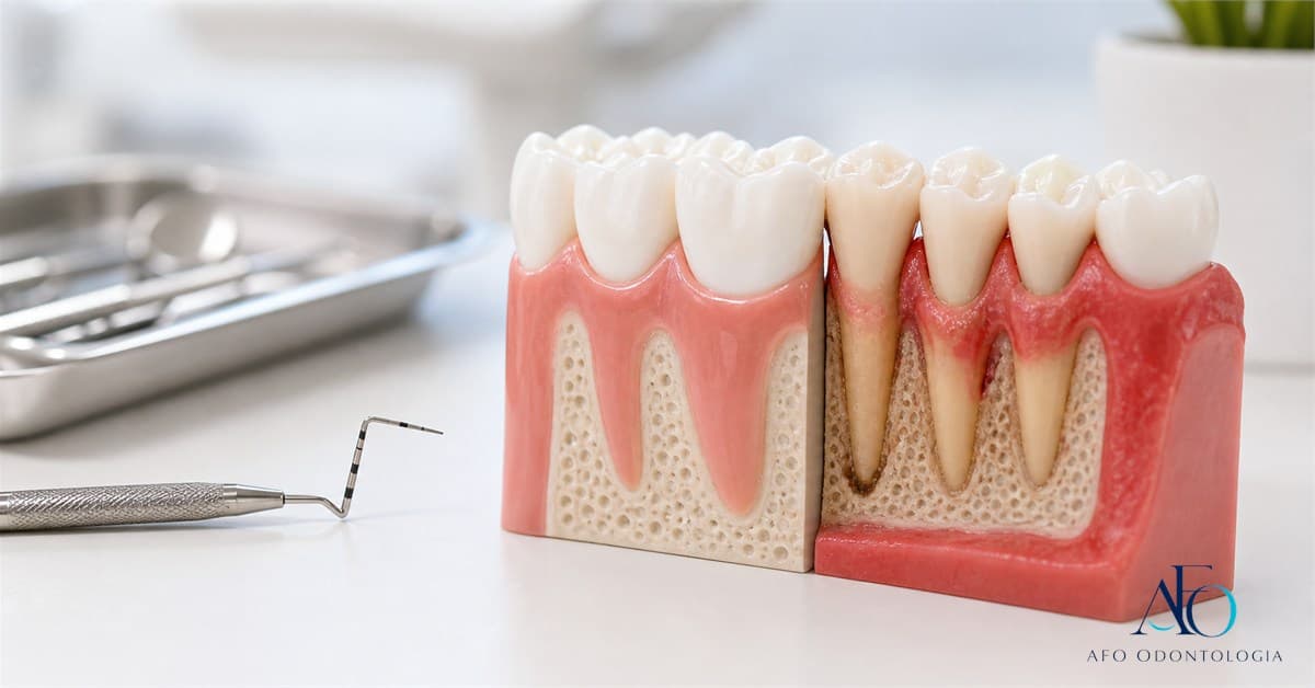 Modelo dental mostrando gengiva inflamada e perda óssea por periodontite em Taboão da Serra