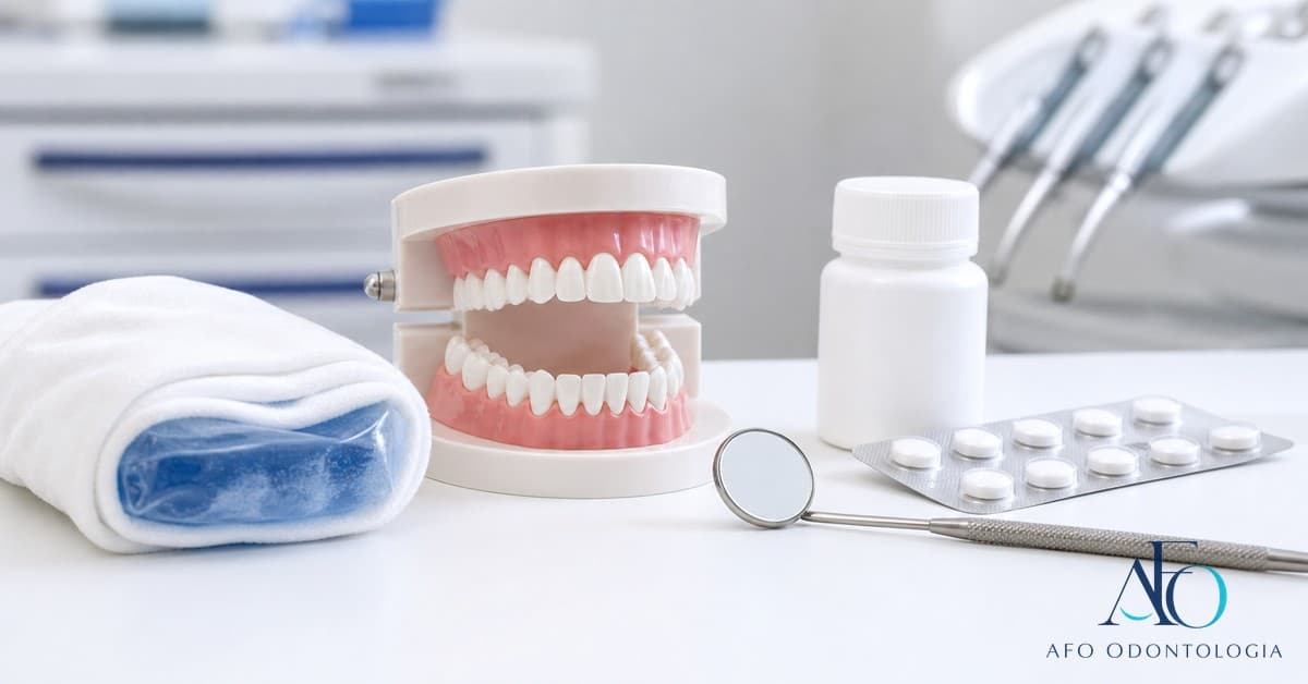 Comprimidos e copo de água sobre bancada clínica, ilustrando remédio para dor de dente em Taboão da Serra