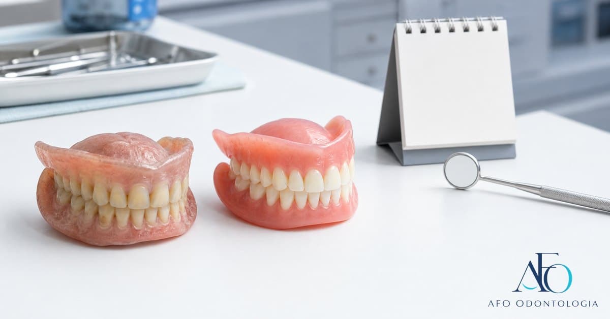 Prótese dentária com sinais de desgaste sobre bancada clínica, ilustrando durabilidade e troca em Taboão da Serra