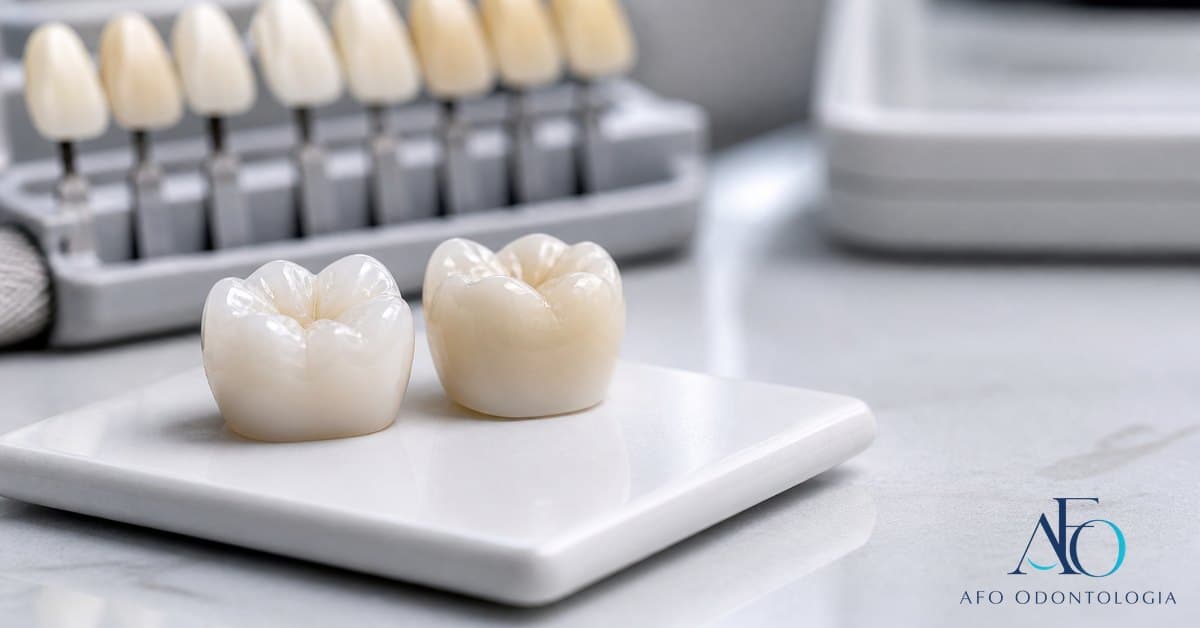 Prótese em zircônia e porcelana comparadas sobre bancada odontológica, mostrando diferença de material em Taboão da Serra
