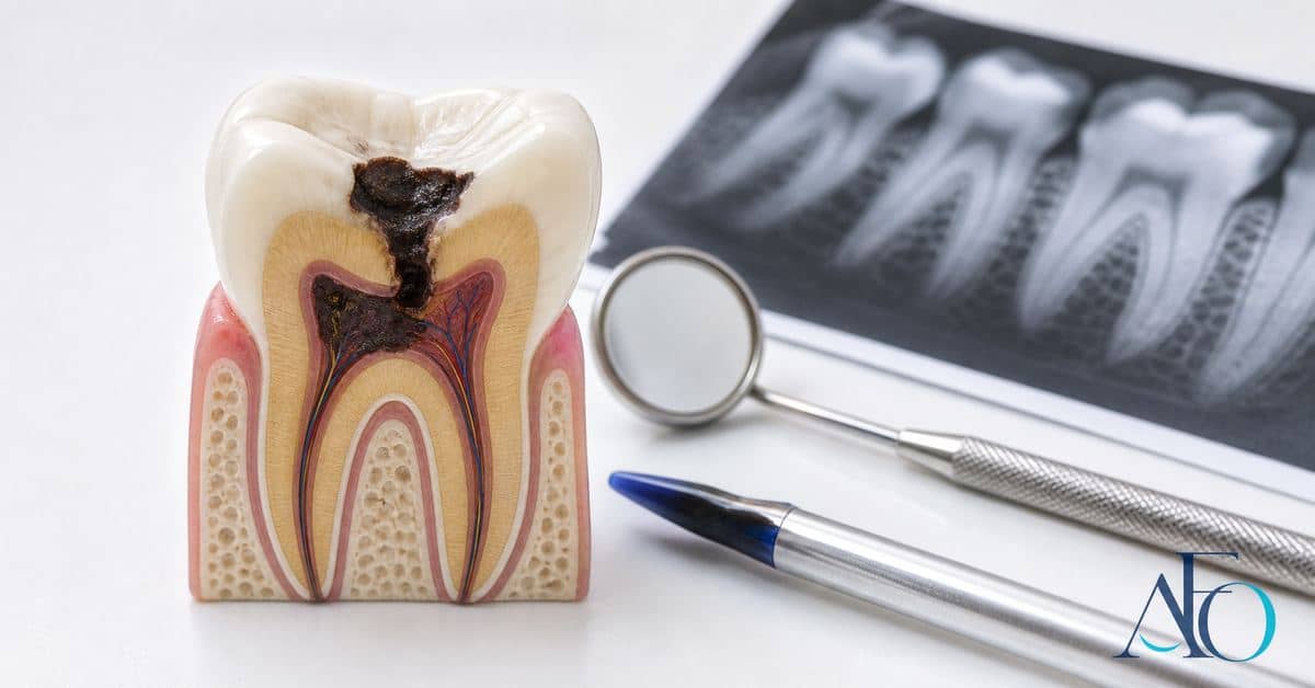 Cárie profunda em dente posterior com acesso ao canal, ilustrando progressão da lesão em Taboão da Serra