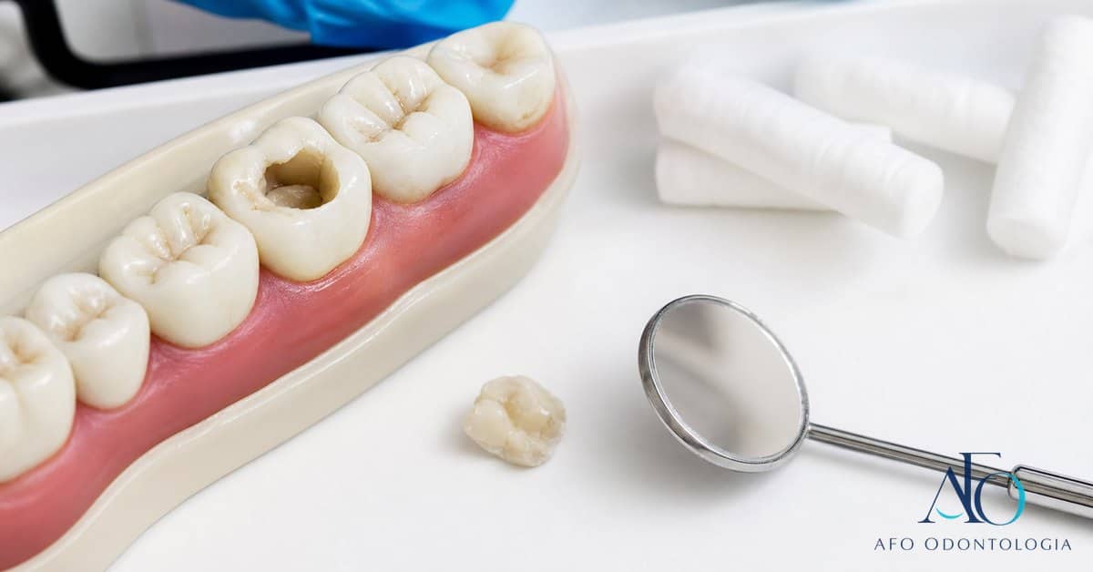 Modelo dental com restauracao perdida indicando atendimento odontologico em Tabao da Serra