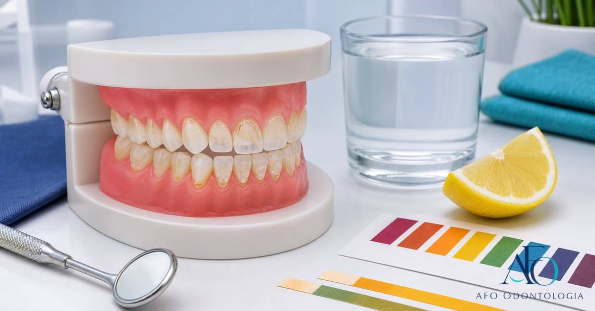Modelo dental com sinais de erosao dentaria relacionada a acidos em Tabao da Serra