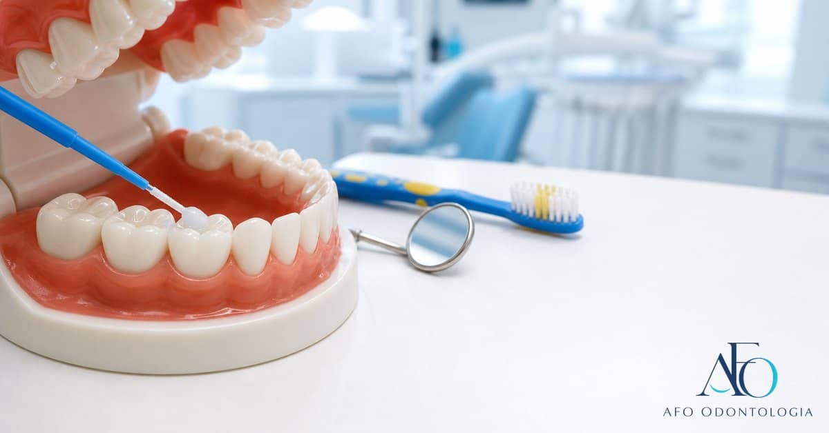 Modelo infantil com selante dental em molares para prevencao de caries em Tabao da Serra