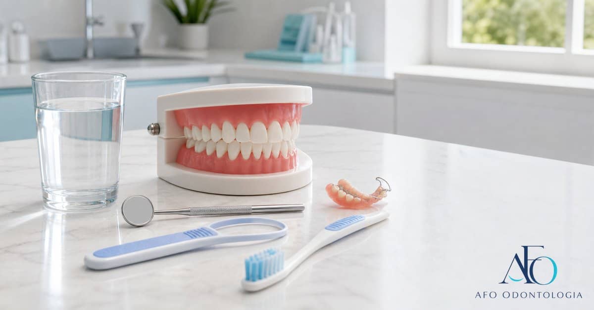 Modelo dental com escova lingua e protese removivel para avaliar gosto ruim na boca em Tabao da Serra