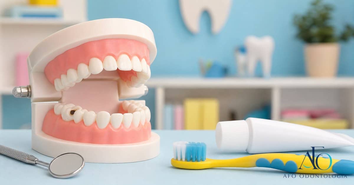Modelo infantil com carie em dente de leite e escova infantil em Tabao da Serra