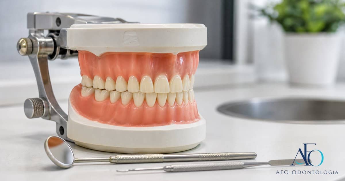 Modelo ortodontico mostrando mordida topo a topo e desgaste dental em Tabao da Serra