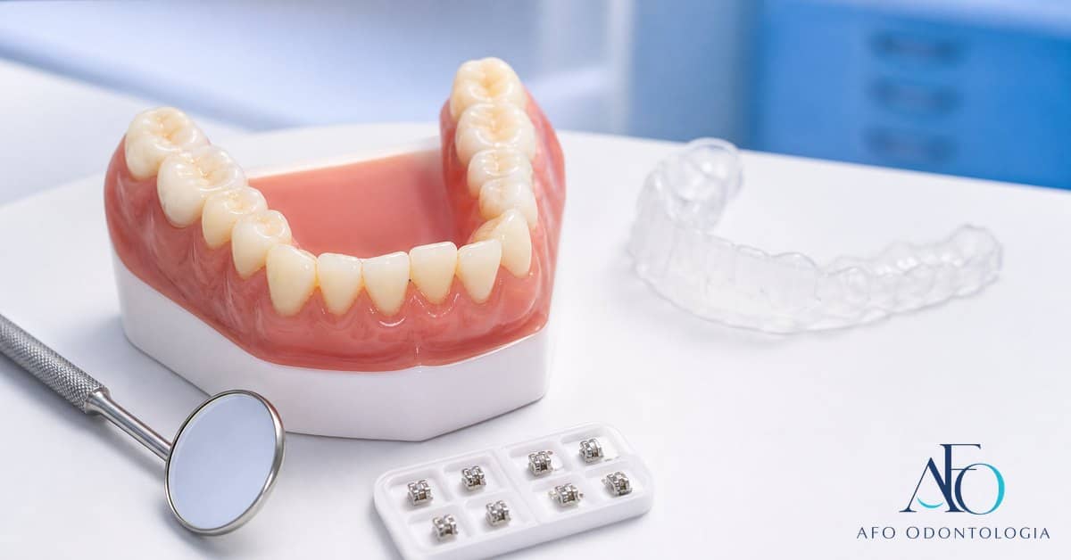 Modelo de arcada inferior com dentes tortos e alinhador transparente em Tabao da Serra