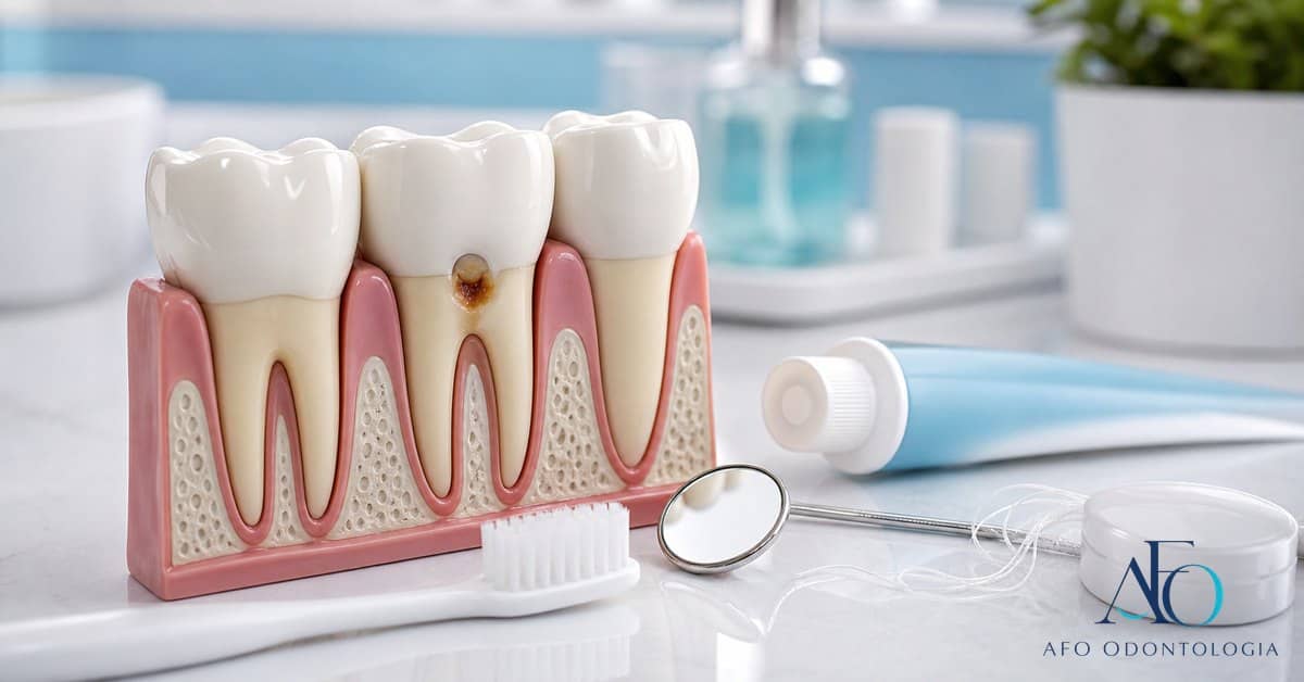 Modelo dental com carie perto da gengiva e escova macia em Tabao da Serra