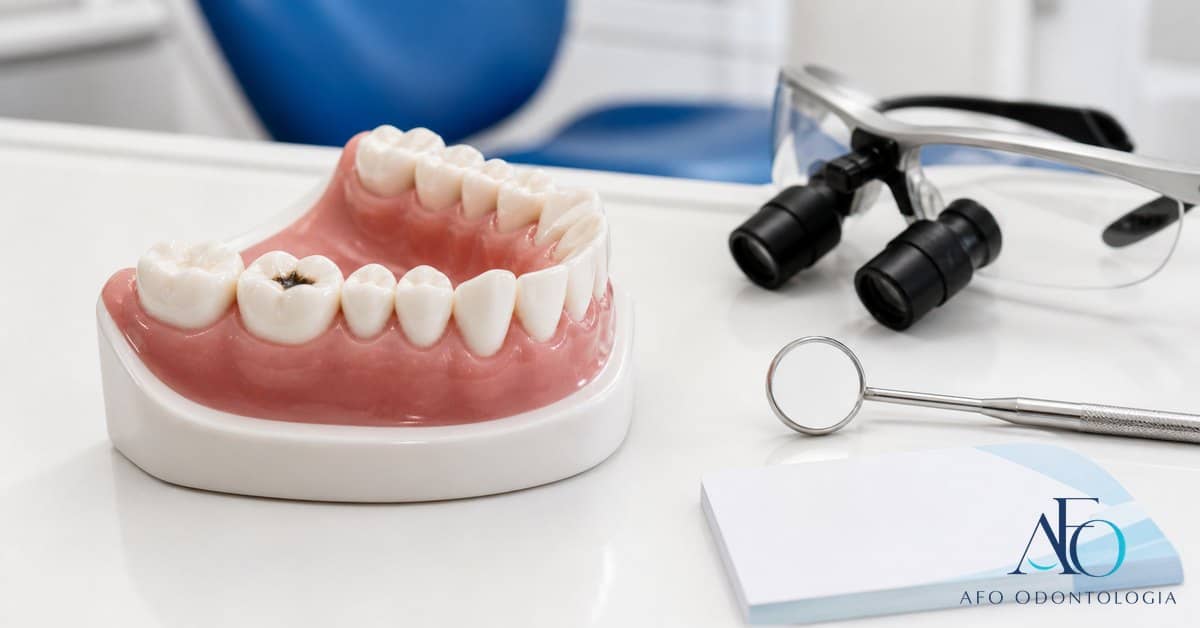 Modelo dental com buraco pequeno em molar sem dor aparente para avaliacao em Tabao da Serra