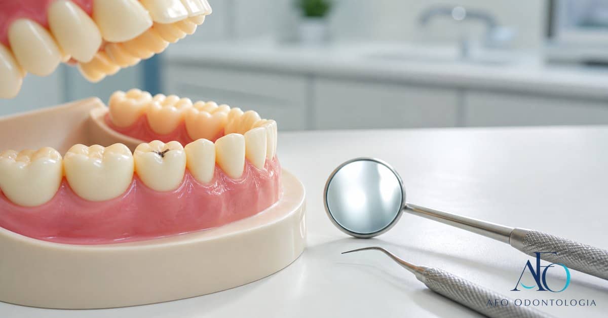 Modelo dental com pequena mancha preta em molar para diagnostico odontologico em Tabao da Serra