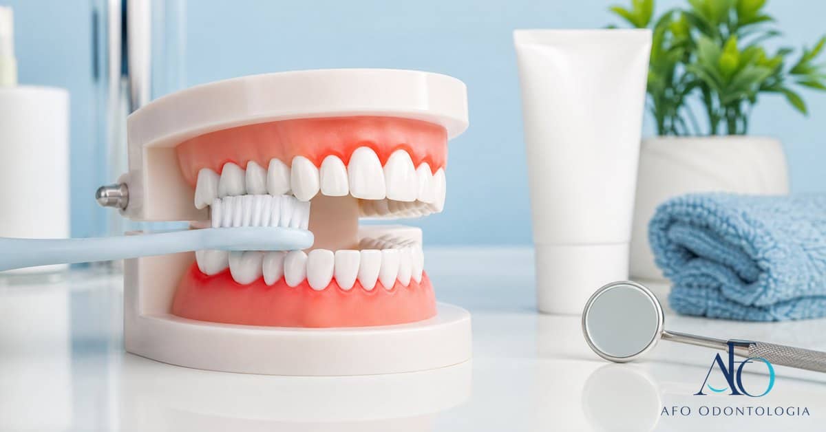 Modelo dental com gengiva sensivel e escova macia para dor ao escovar em Tabao da Serra
