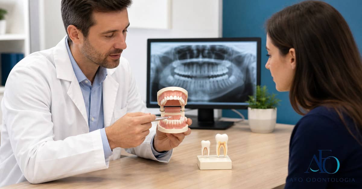 Radiografia e modelo dental mostrando dente de leite persistente em adulto em Taboão da Serra